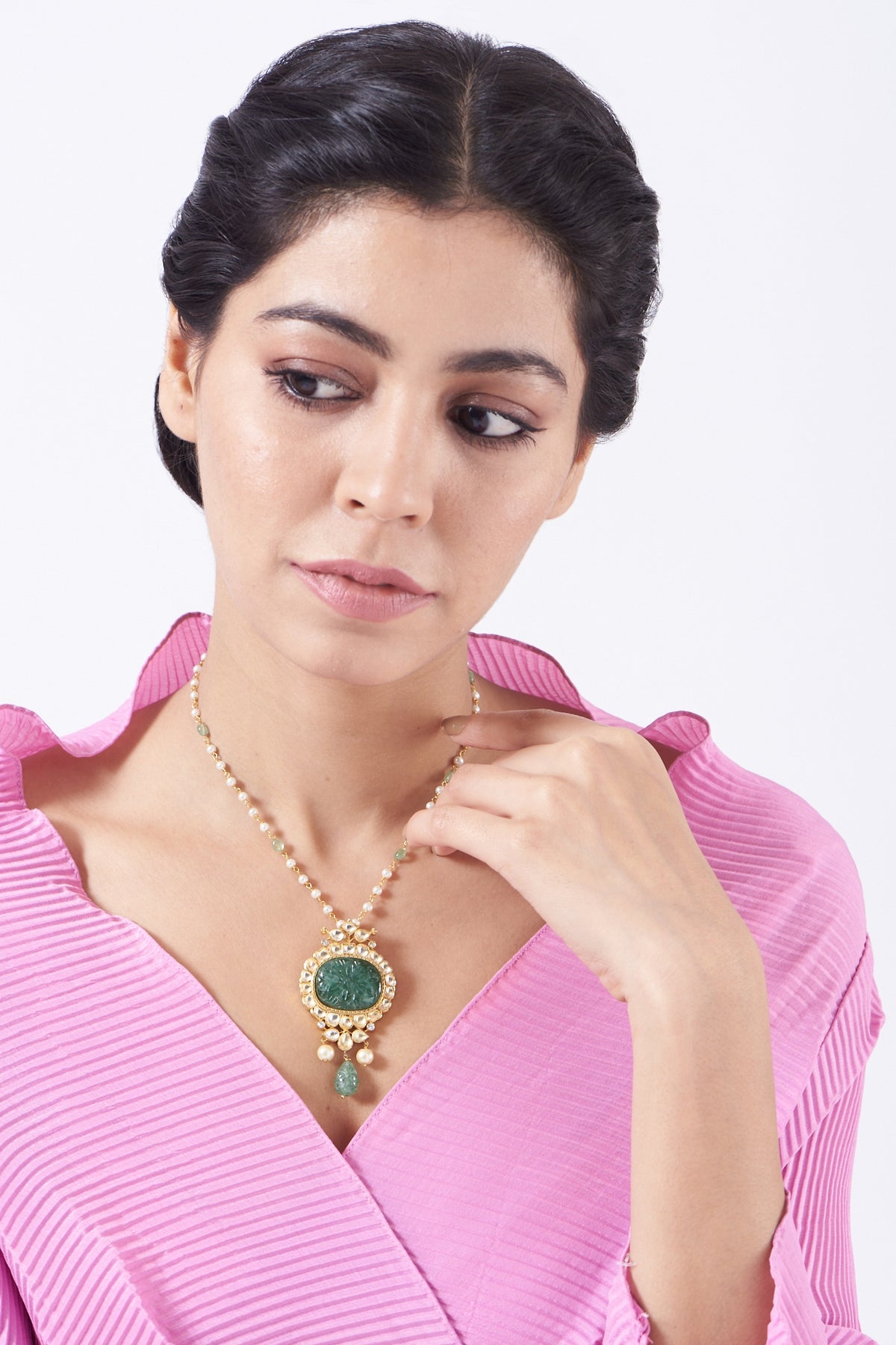 Gold Finish Kundan Polki Necklace In Sterling Silver