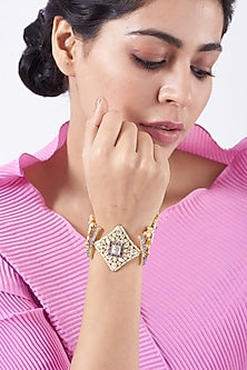 Gold Finish Blue Sapphire Cuff Bangle In Sterling Silver