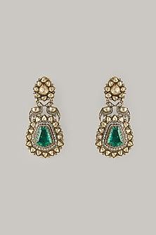 Black Rhodium Finish Green Moissanite Polki Dangler Earrings In Sterling Silver