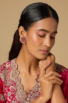 Gold Plated Red Moissanite Polki Stud Earrings In Sterling Silver