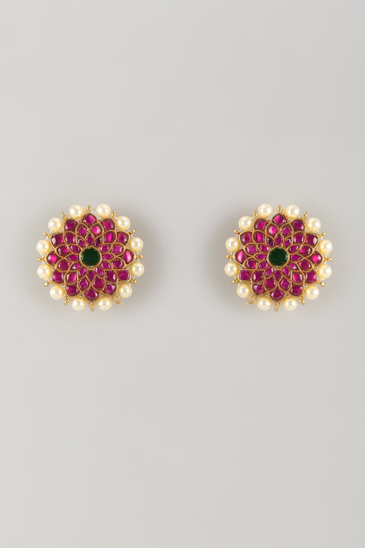 Gold Plated Red Moissanite Polki Stud Earrings In Sterling Silver