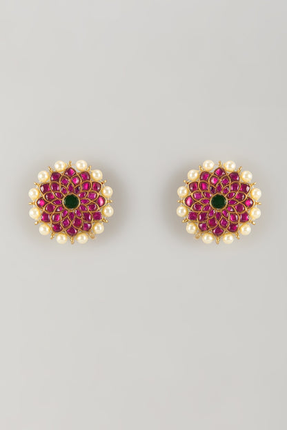 Gold Plated Red Moissanite Polki Stud Earrings In Sterling Silver
