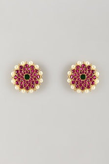 Gold Plated Red Moissanite Polki Stud Earrings In Sterling Silver
