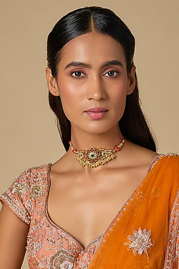 Gold Plated Multi-Colored Moissanite Polki Necklace In Sterling Silver