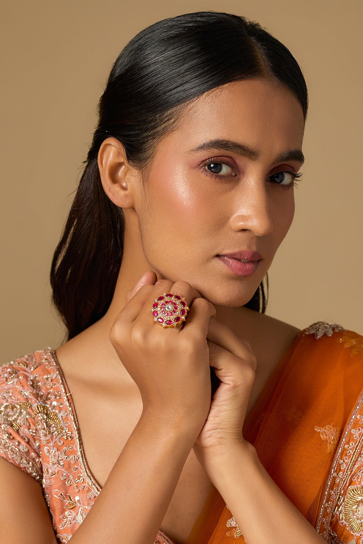 Gold Plated Red Kundan Polki Ring In Sterling Silver