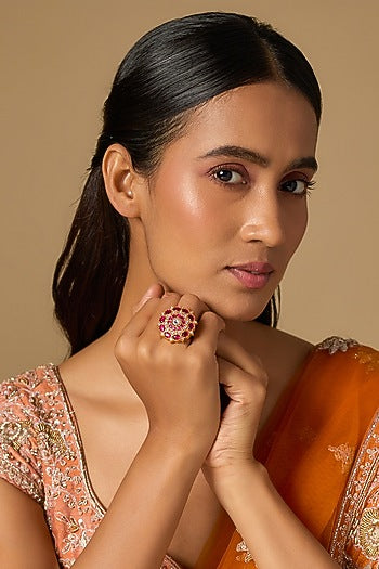 Gold Plated Red Kundan Polki Ring In Sterling Silver