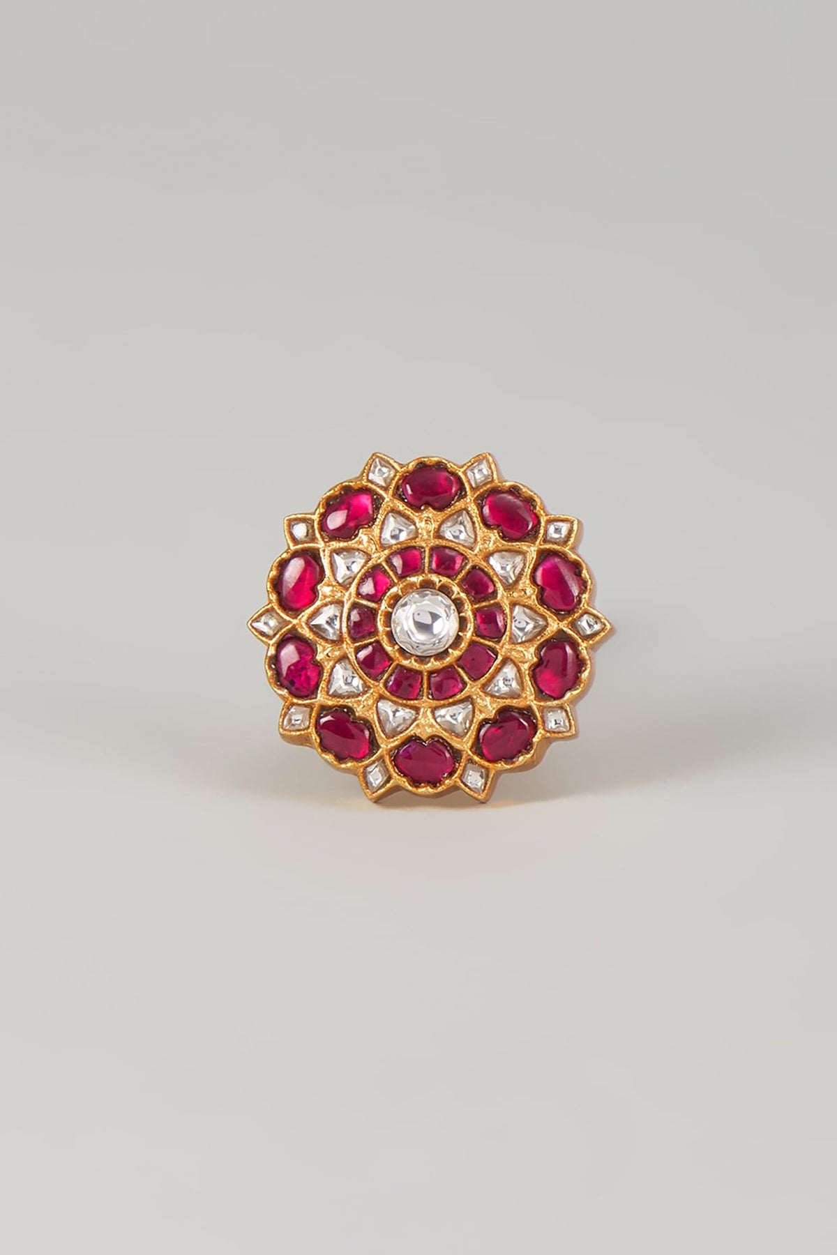 Gold Plated Red Kundan Polki Ring In Sterling Silver