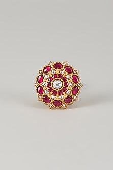 Gold Plated Red Kundan Polki Ring In Sterling Silver