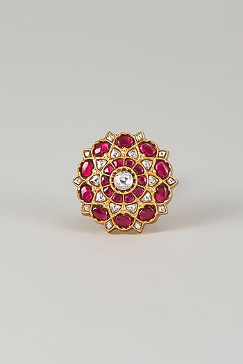 Gold Plated Red Kundan Polki Ring In Sterling Silver