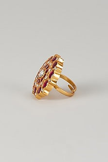 Gold Plated Red Kundan Polki Ring In Sterling Silver