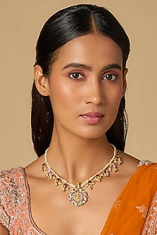 Gold Plated Multi-Colored Moissanite Polki Necklace In Sterling Silver