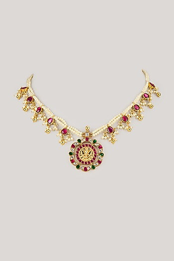 Gold Plated Multi-Colored Moissanite Polki Necklace In Sterling Silver
