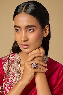 Gold Plated Blue Kundan Polki Ring In Sterling Silver