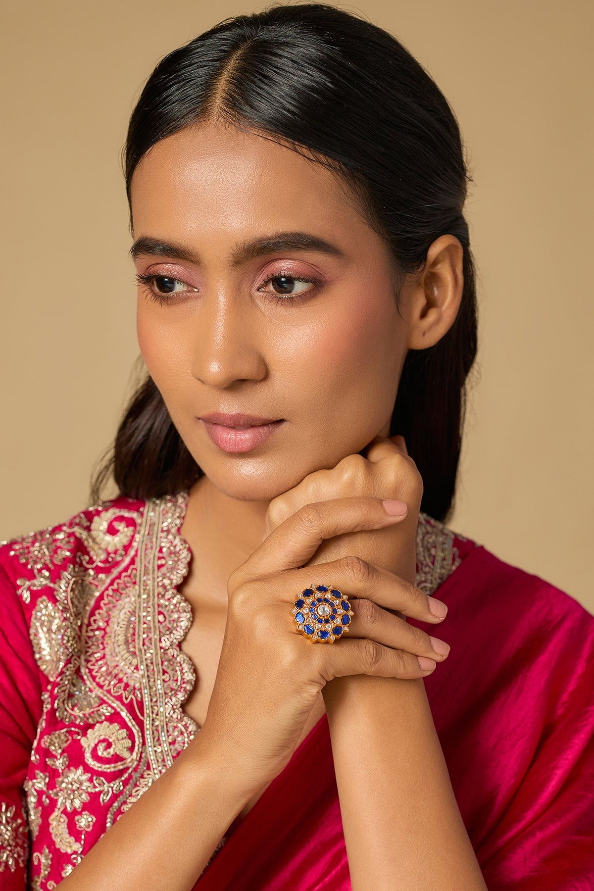 Gold Plated Blue Kundan Polki Ring In Sterling Silver