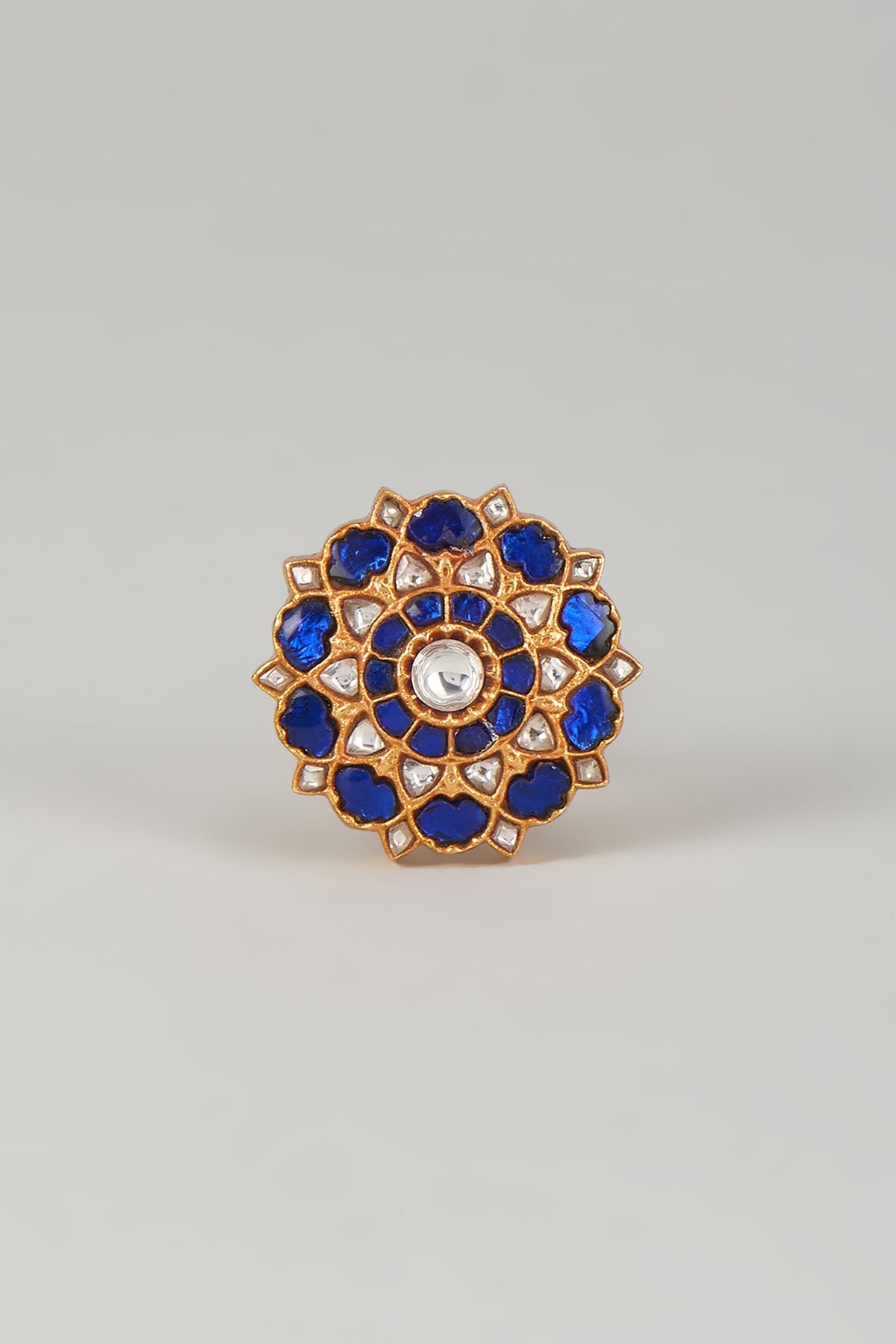 Gold Plated Blue Kundan Polki Ring In Sterling Silver