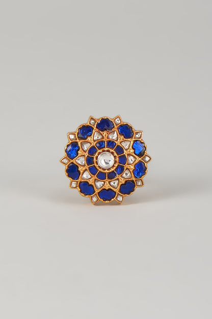 Gold Plated Blue Kundan Polki Ring In Sterling Silver