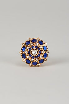 Gold Plated Blue Kundan Polki Ring In Sterling Silver