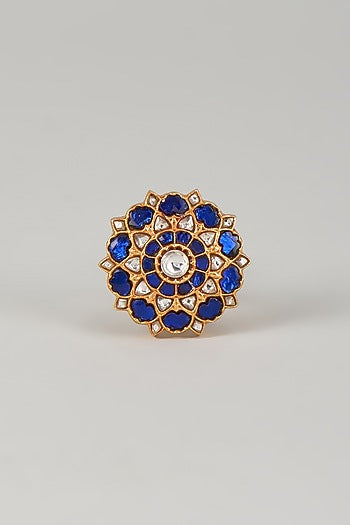 Gold Plated Blue Kundan Polki Ring In Sterling Silver