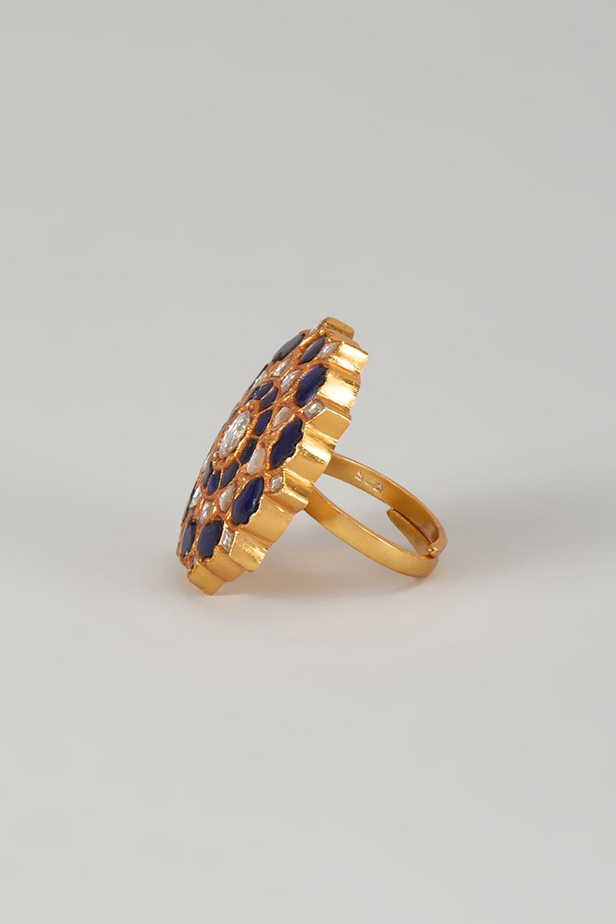 Gold Plated Blue Kundan Polki Ring In Sterling Silver