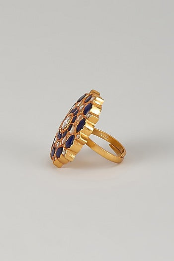 Gold Plated Blue Kundan Polki Ring In Sterling Silver