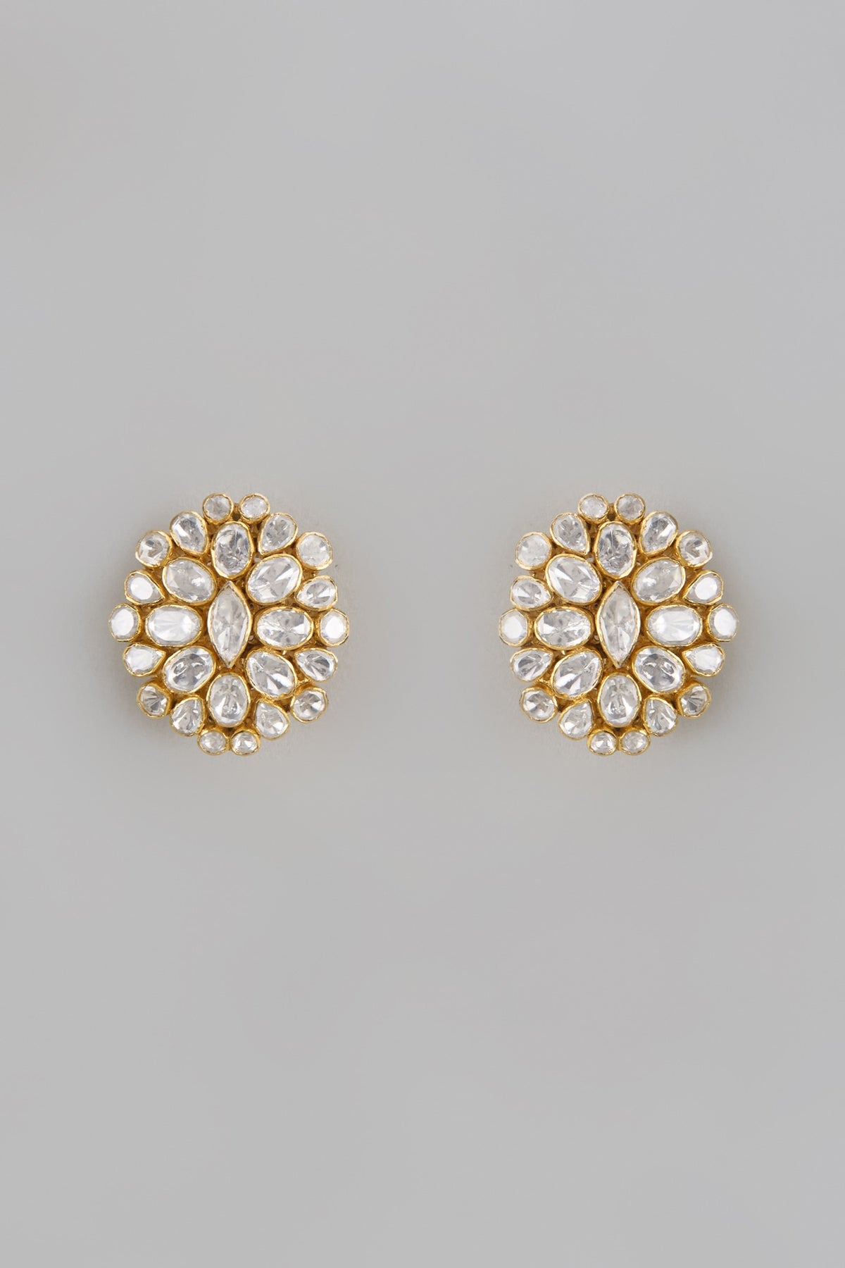 Gold Plated Moissanite Polki Handcrafted Stud Earrings In Sterling Silver