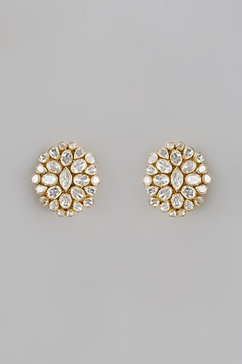Gold Plated Moissanite Polki Handcrafted Stud Earrings In Sterling Silver