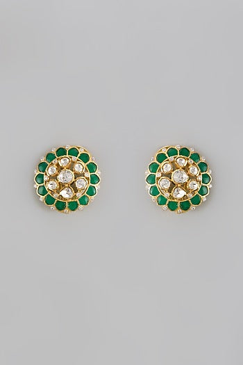 Gold Plated Moissanite Polki Handcrafted Stud Earrings In Sterling Silver