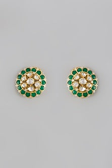 Gold Plated Moissanite Polki Handcrafted Stud Earrings In Sterling Silver
