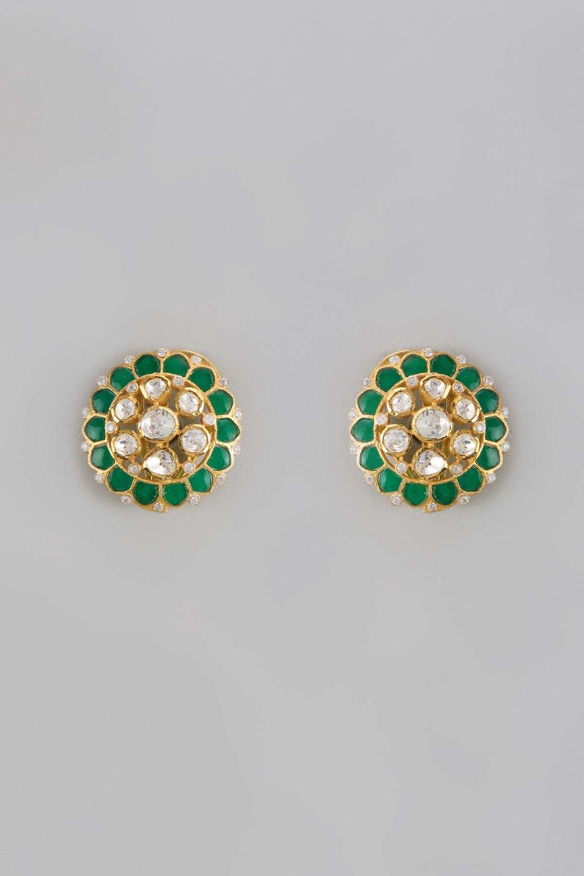 Gold Plated Moissanite Polki Handcrafted Stud Earrings In Sterling Silver