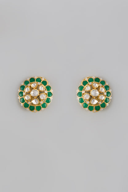 Gold Plated Moissanite Polki Handcrafted Stud Earrings In Sterling Silver