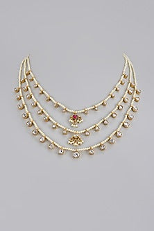 Gold Plated Moissanite Polki & Pearl Handcrafted Necklace In Sterling Silver