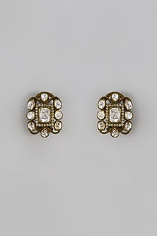 Black Rhodium Finish Moissanite Polki Handcrafted Stud Earrings In Sterling Silver