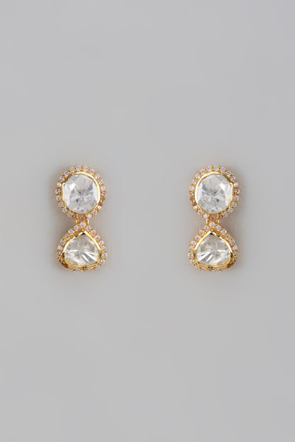 Gold Plated Moissanite Polki Handcrafted Dangler Earrings In Sterling Silver