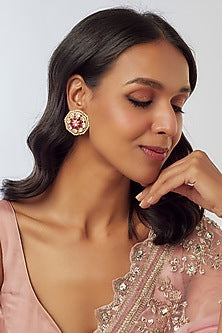 Gold Plated Moissanite Polki Stud Earrings In Sterling Silver