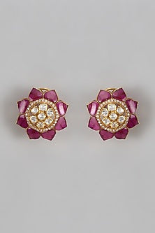 Gold Plated Moissanite Polki Stud Earrings In Sterling Silver