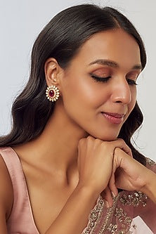 Gold Plated Moissanite Polki Stud Earrings In Sterling Silver