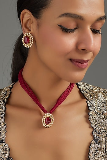 Gold Plated Red Kundan Polki Necklace Set In Sterling Silver