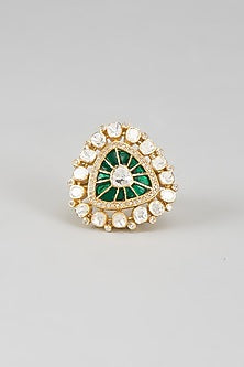 Gold Plated Green Kundan Polki Ring In Sterling Silver
