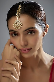 Gold Plated Kundan Polki & Pearl Maang Tikka In Sterling Silver