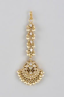 Gold Plated Kundan Polki & Pearl Maang Tikka In Sterling Silver