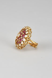 Gold Plated Red Kundan Polki Ring In Sterling Silver