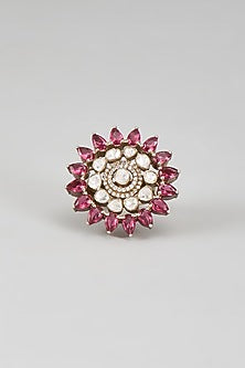 Gold Plated Red Kundan Polki Ring In Sterling Silver