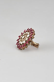 Gold Plated Red Kundan Polki Ring In Sterling Silver