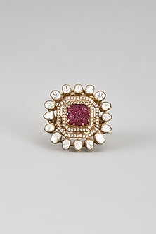 Gold Plated Red Kundan Polki Ring In Sterling Silver