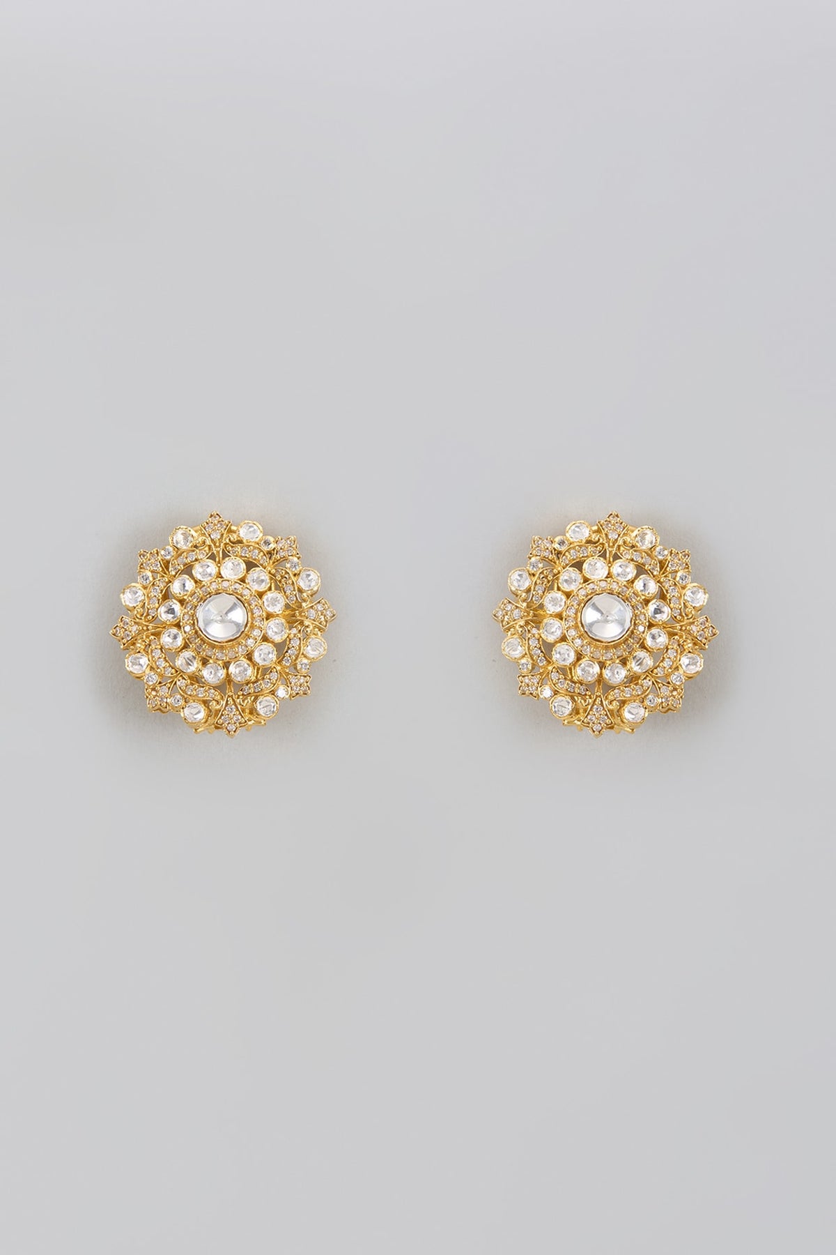 Gold Plated Moissanite Polki Stud Earrings In Sterling Silver