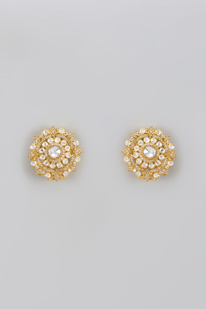 Gold Plated Moissanite Polki Stud Earrings In Sterling Silver