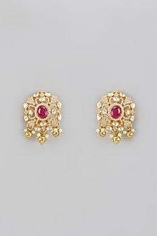 Gold Plated Red Moissanite Polki Stud Earrings In Sterling Silver