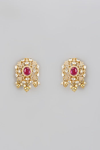 Gold Plated Red Moissanite Polki Stud Earrings In Sterling Silver