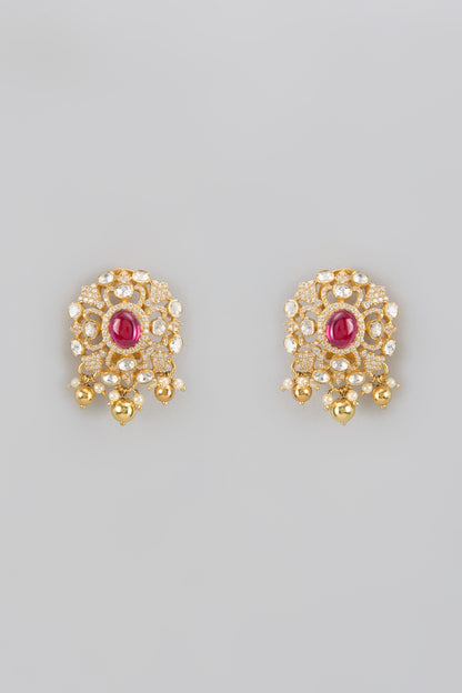 Gold Plated Red Moissanite Polki Stud Earrings In Sterling Silver