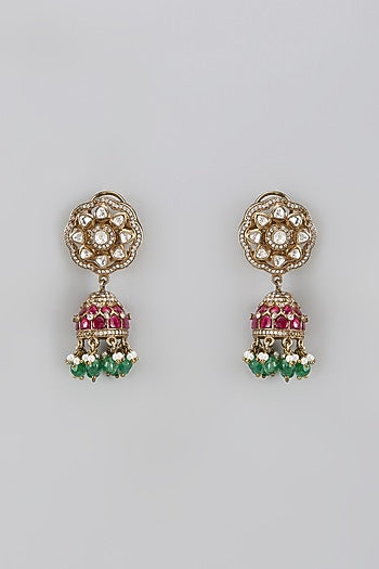 Gold Plated Moissanite Polki Dangler Earrings In Sterling Silver
